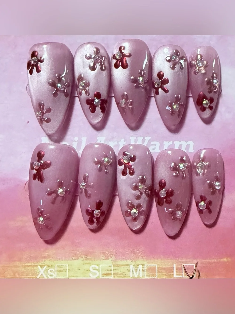 Press-On Almond Nails Set — Pink Floral Rhinestone Design